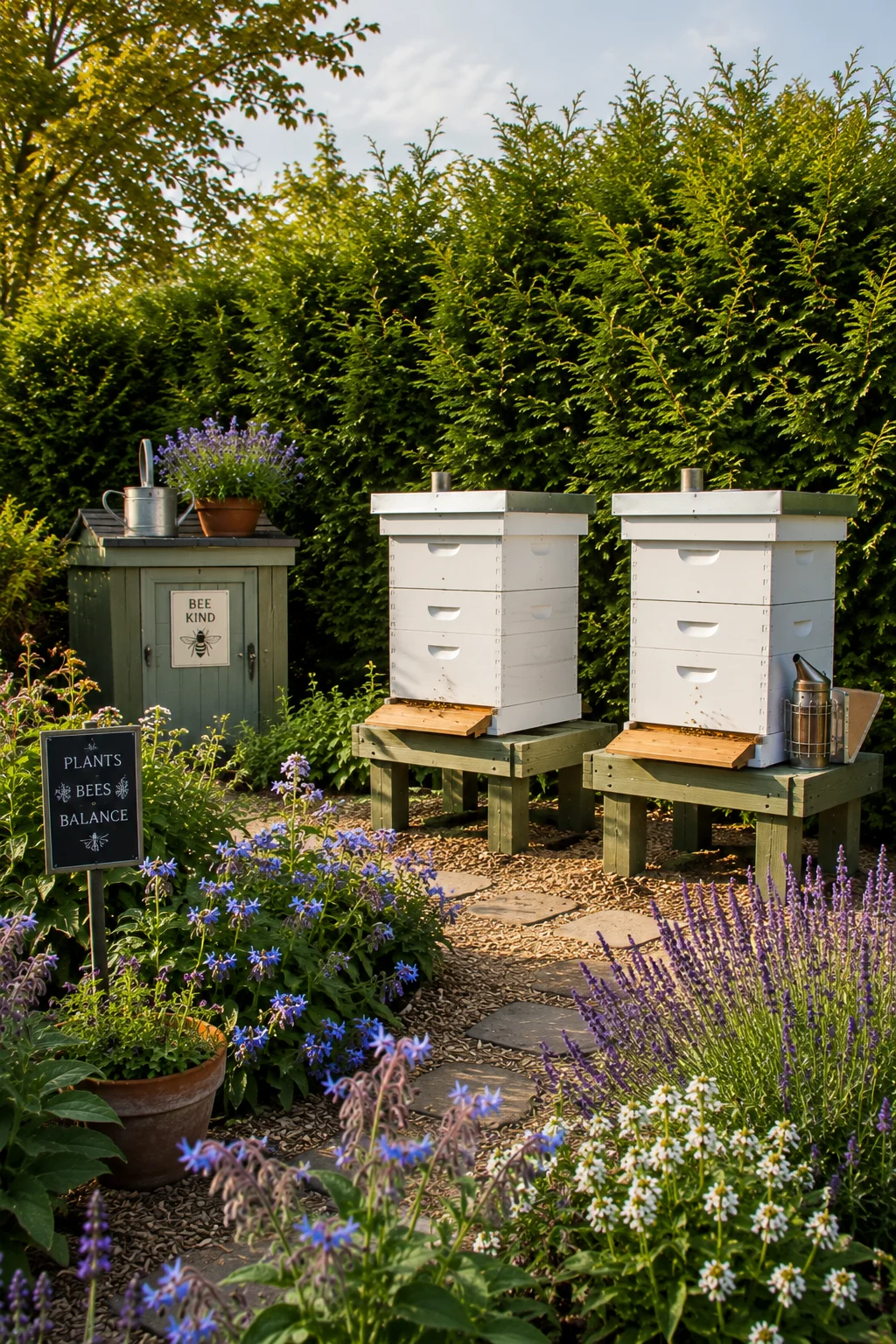 backyard beekeeping setup with hive stands and windbreak
