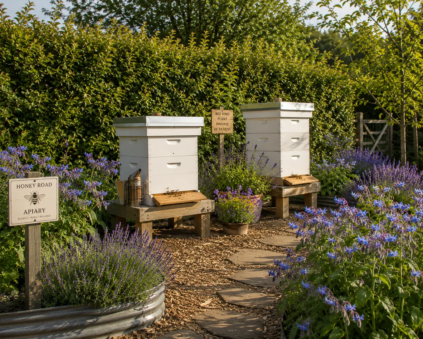 apiary bee garden design integrated hives borage lavender living fence windbreak working path intentional