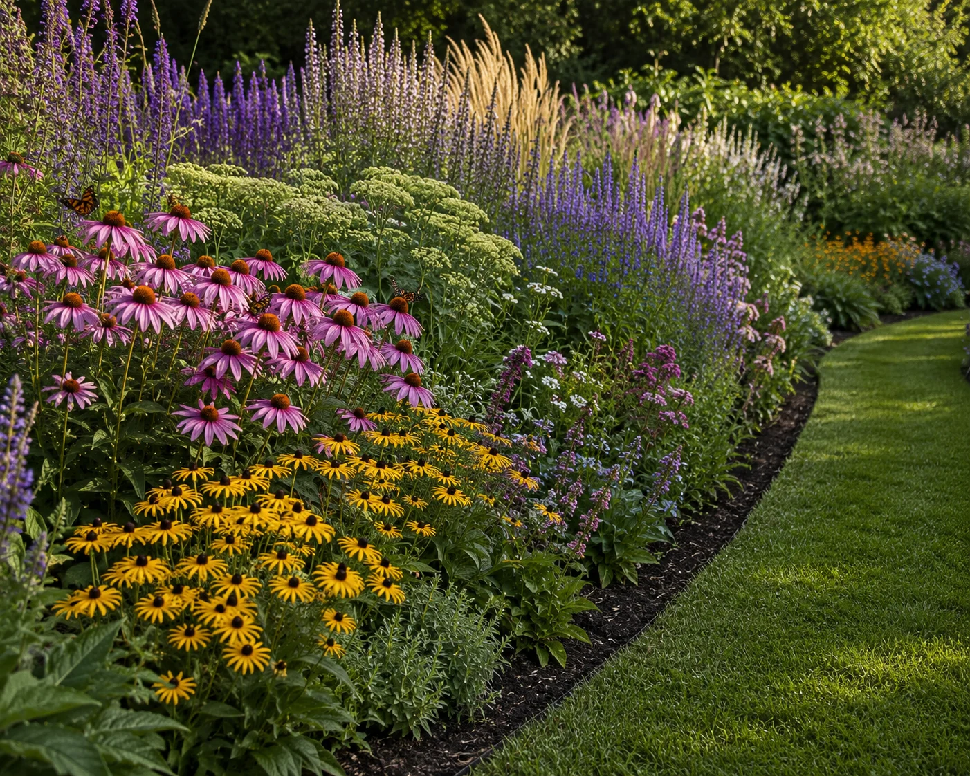 Neatly designed and structured native pollinator garden avoiding a messy weed-patch look.