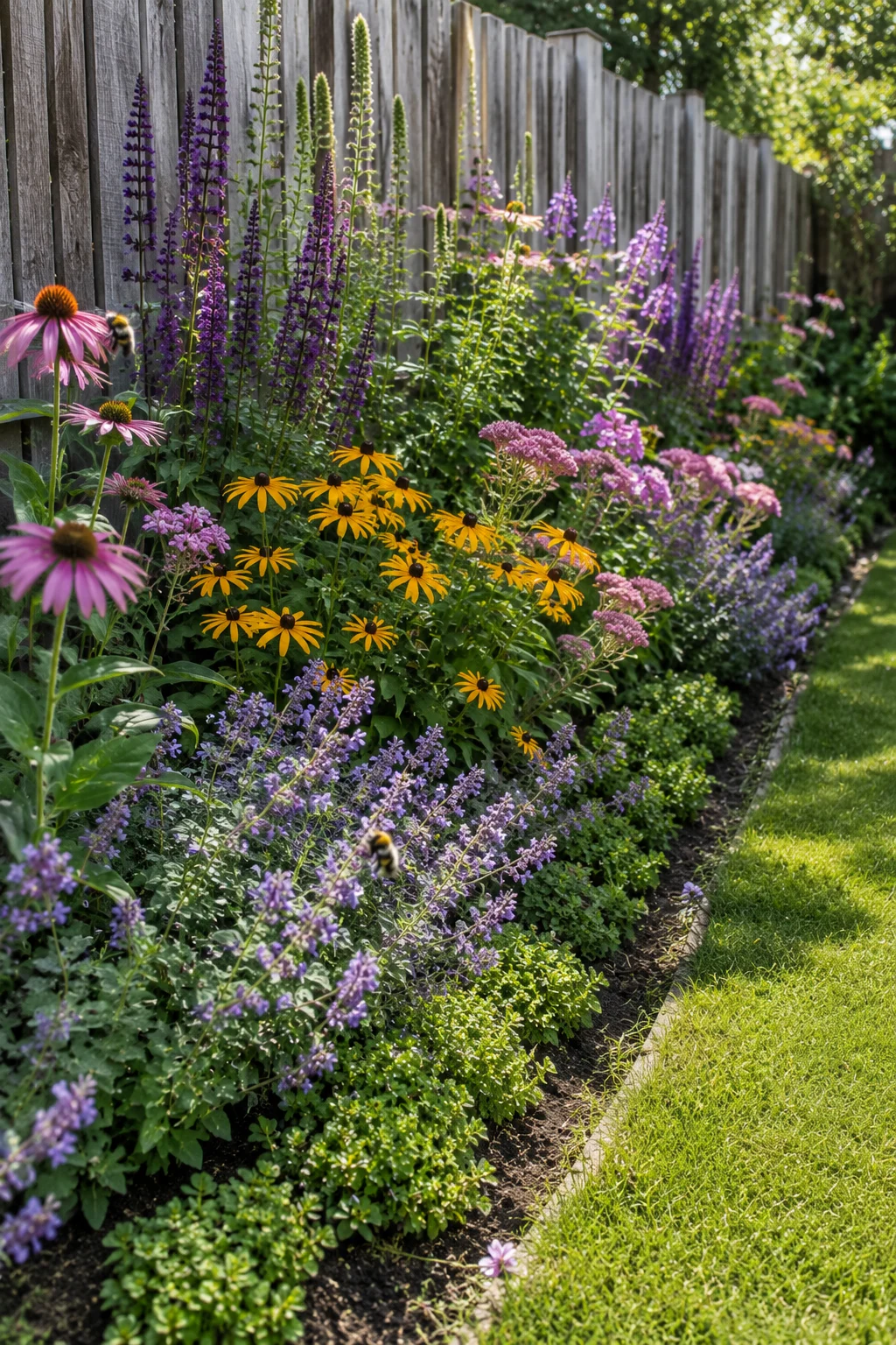 layered pollinator strip planting along fence line