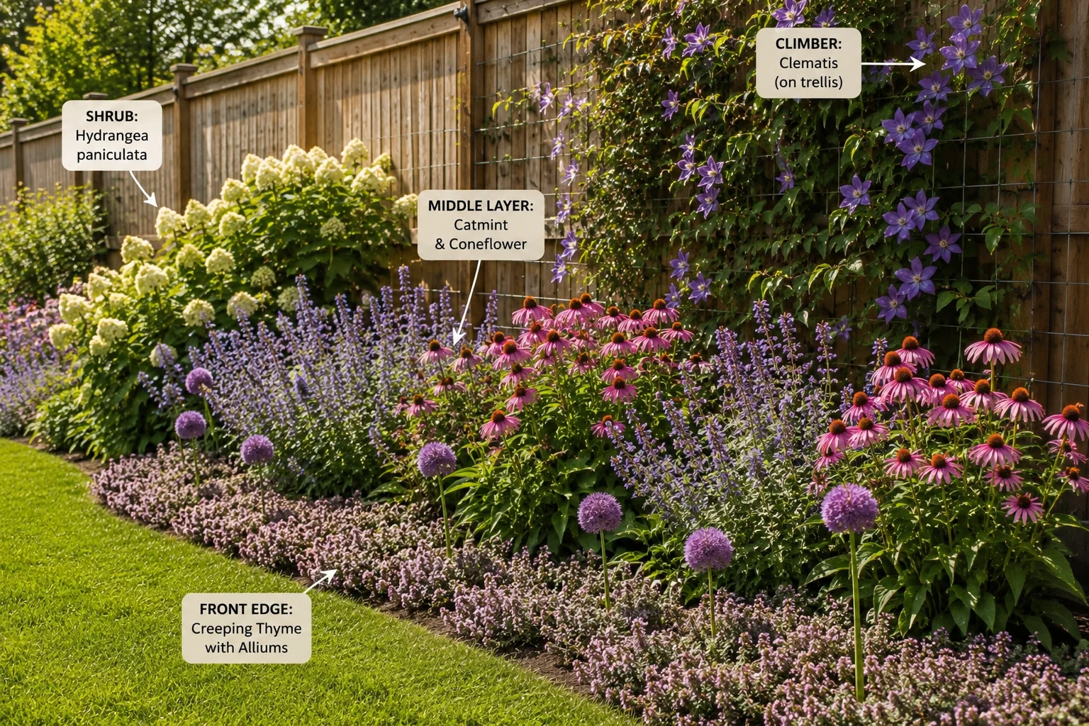 starter planting plan pollinator fence border sunny catmint coneflower alliums thyme layered structure