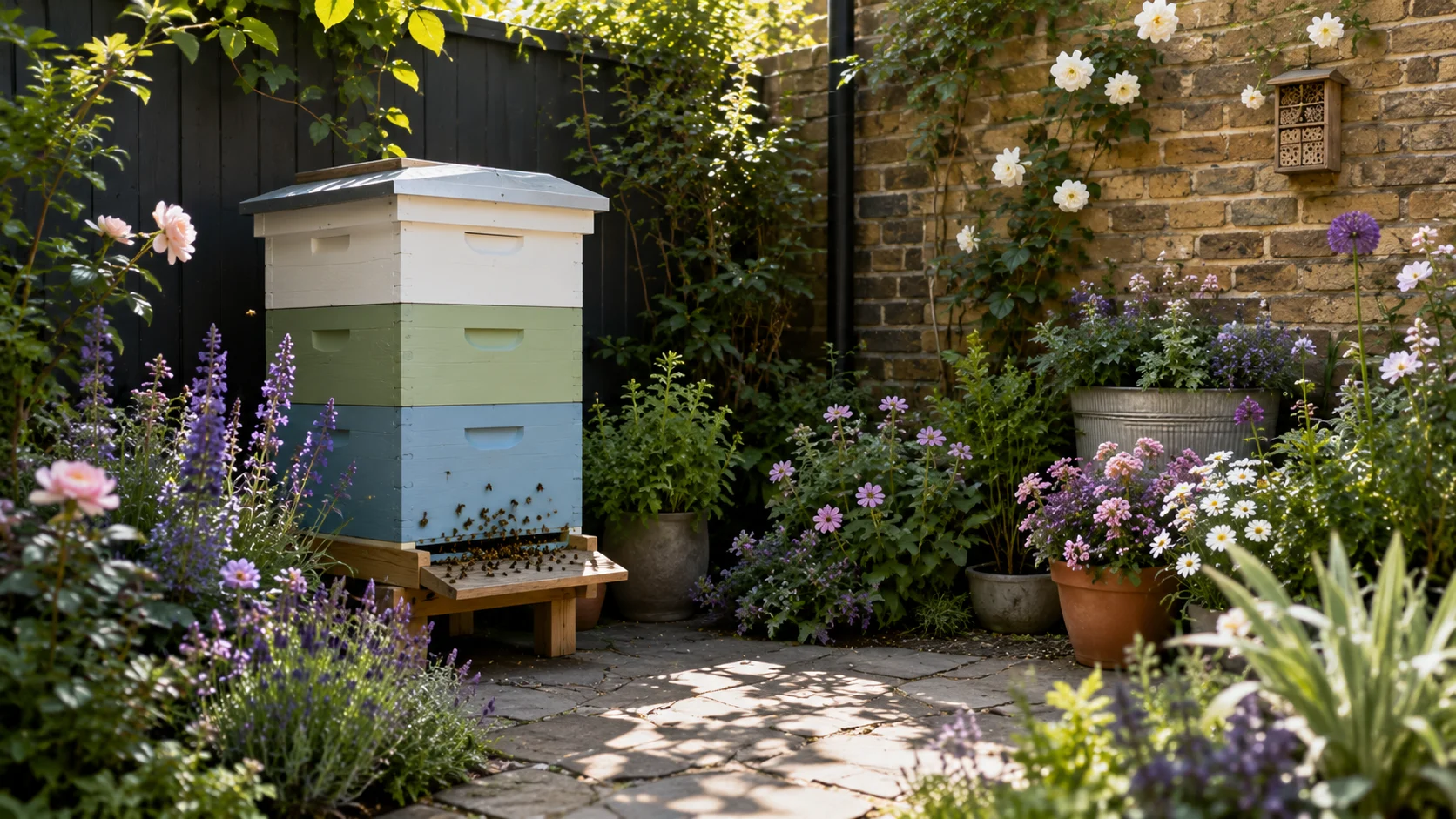 Small urban garden beehive setup with blooming pollinator plants.