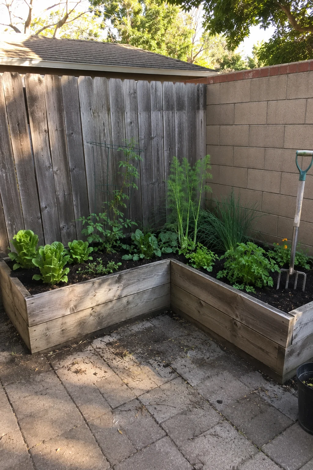 L-shaped corner raised bed small garden idea