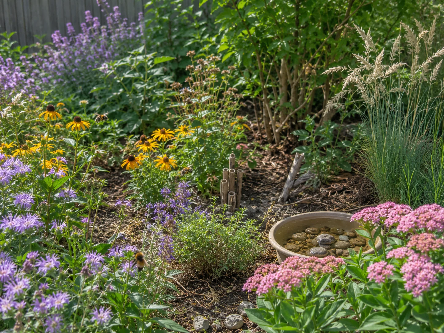 Bee nesting habitat and water inside a well-designed pollinator garden