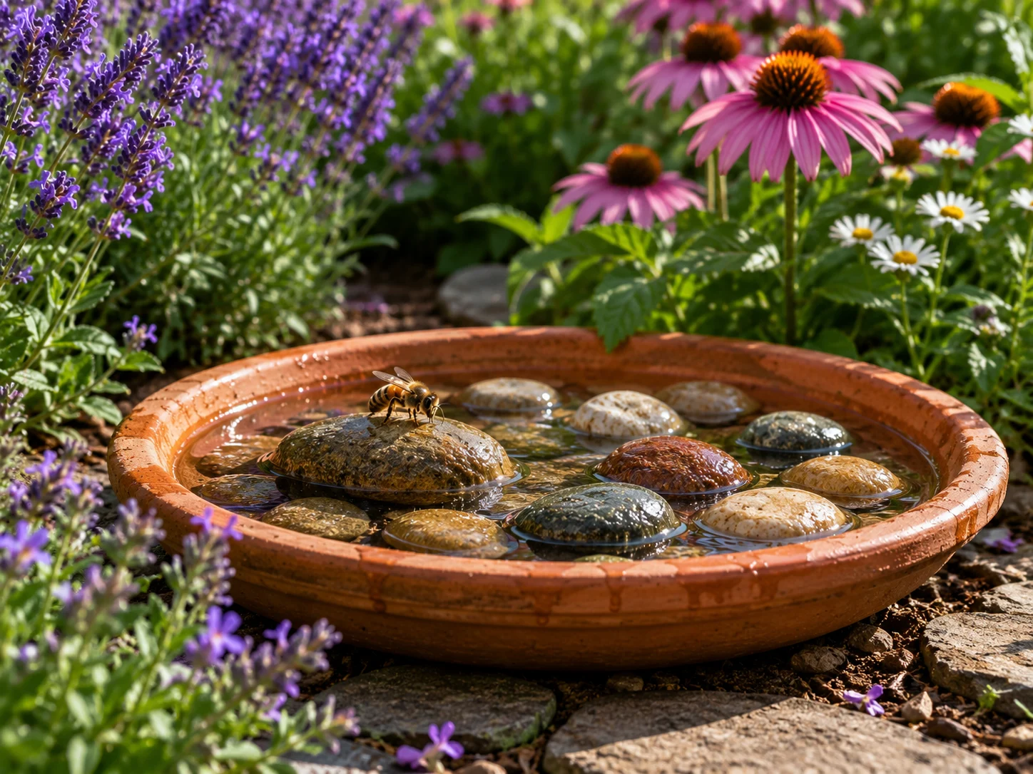 Safe shallow bee watering station with stones to prevent drowning.