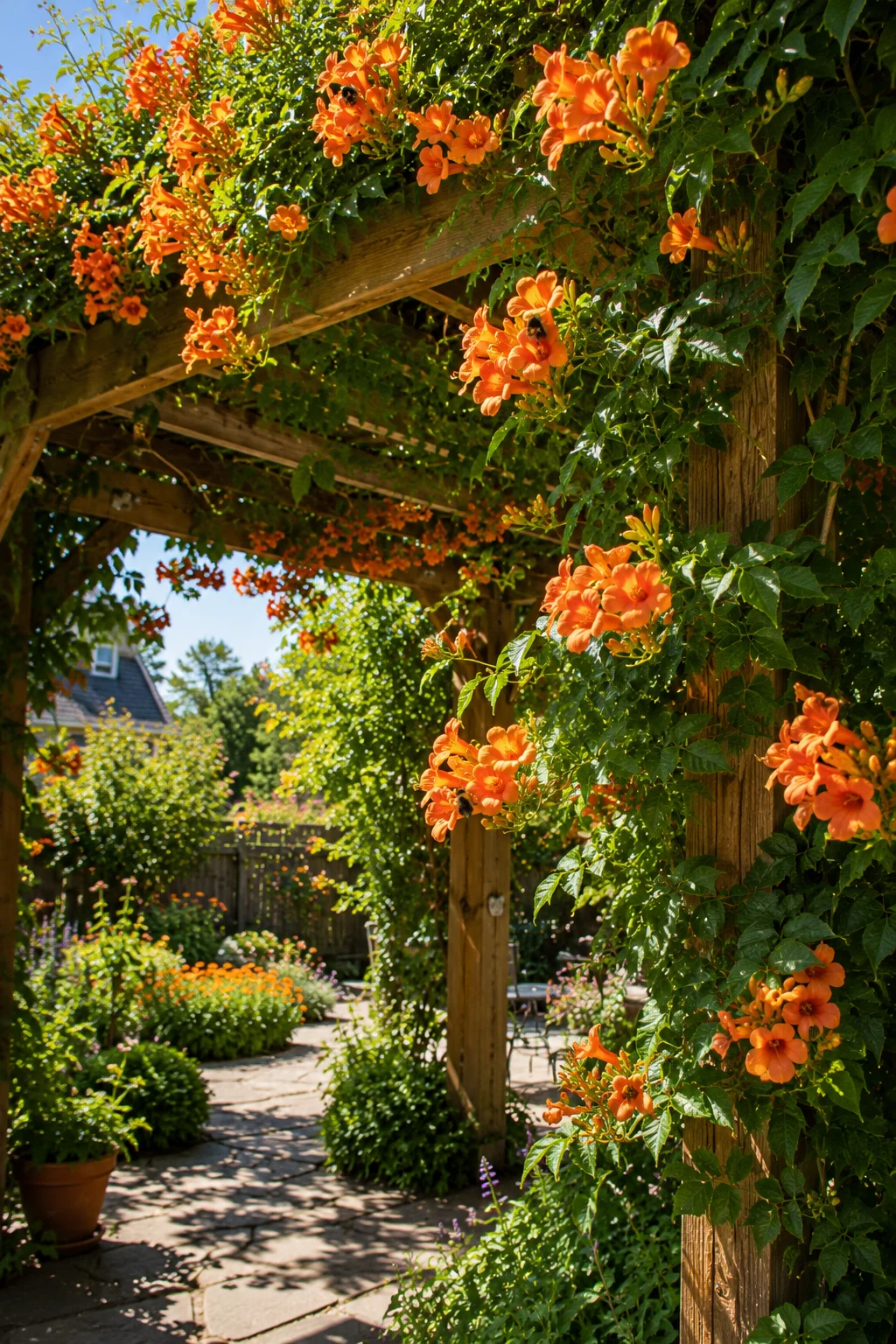 trumpet vine climbing pergola attracting bees in summer
