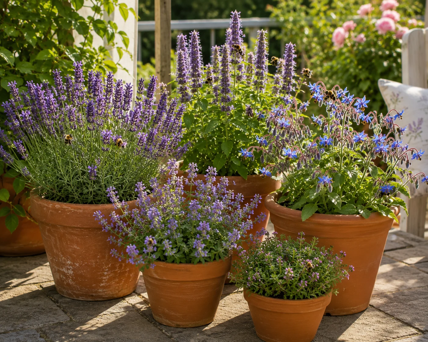 container bee garden design grouped pots lavender catmint borage agastache patio balcony pollinators