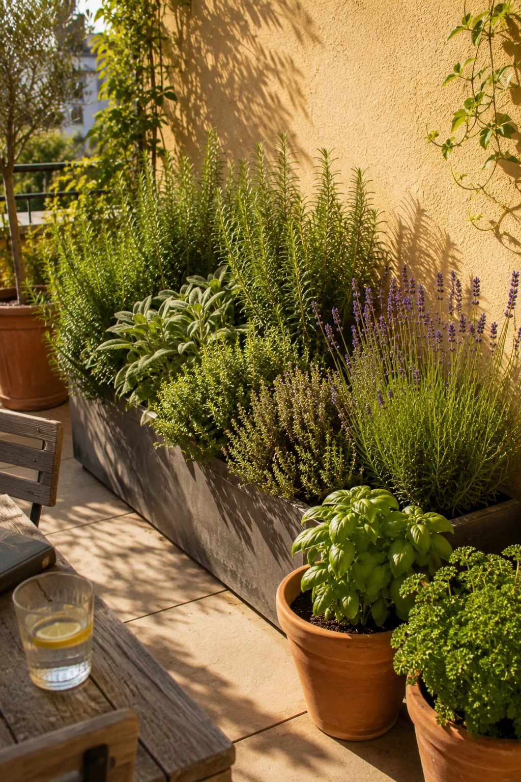 terrace herb garden planter rosemary sage thyme lavender basil fragrant productive sunny wall