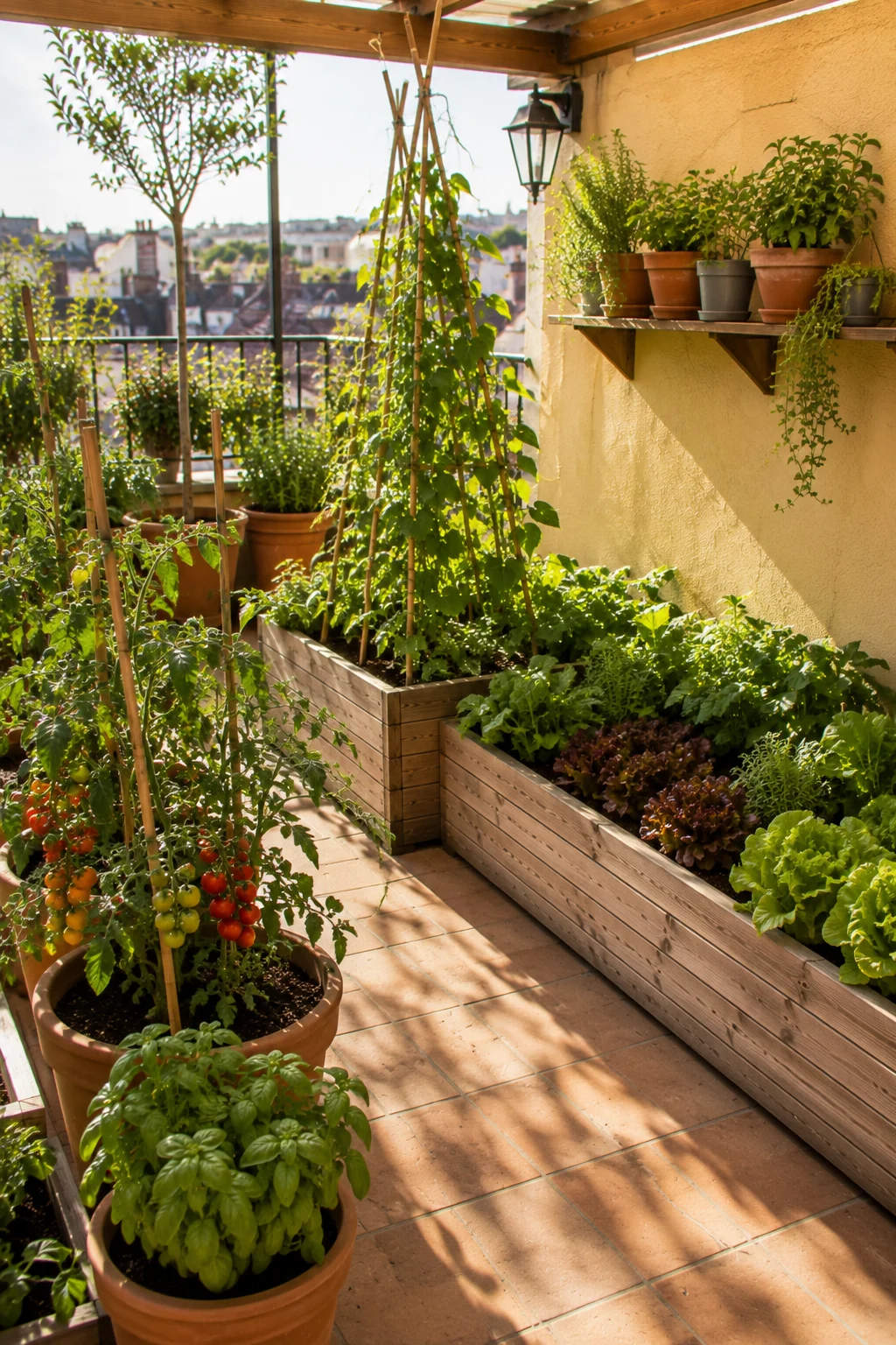 kitchen garden terrace tomatoes climbing beans salad productive raised bed containers sunny