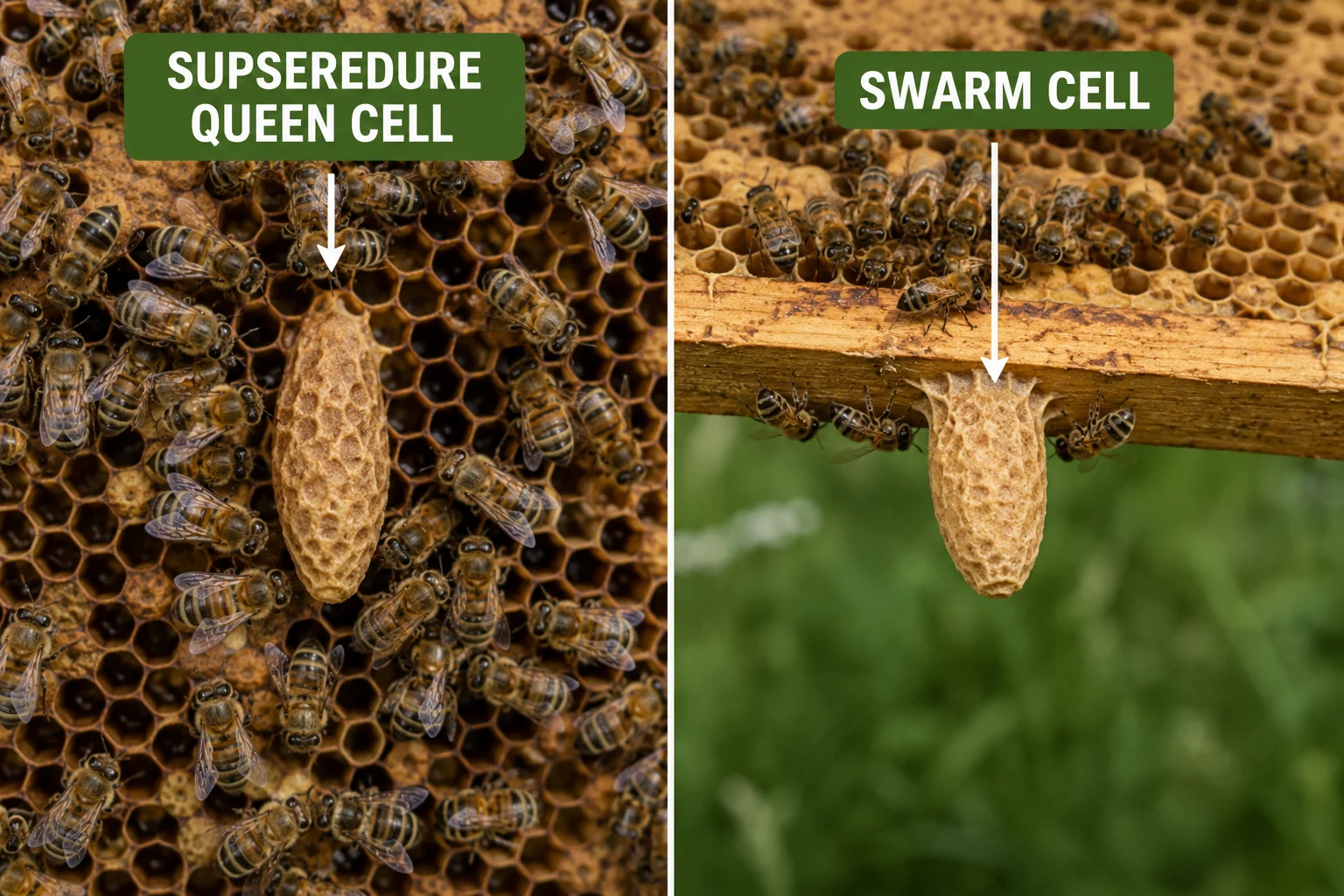 supersedure queen cell versus swarm cell comparison brood frame identification beekeeping