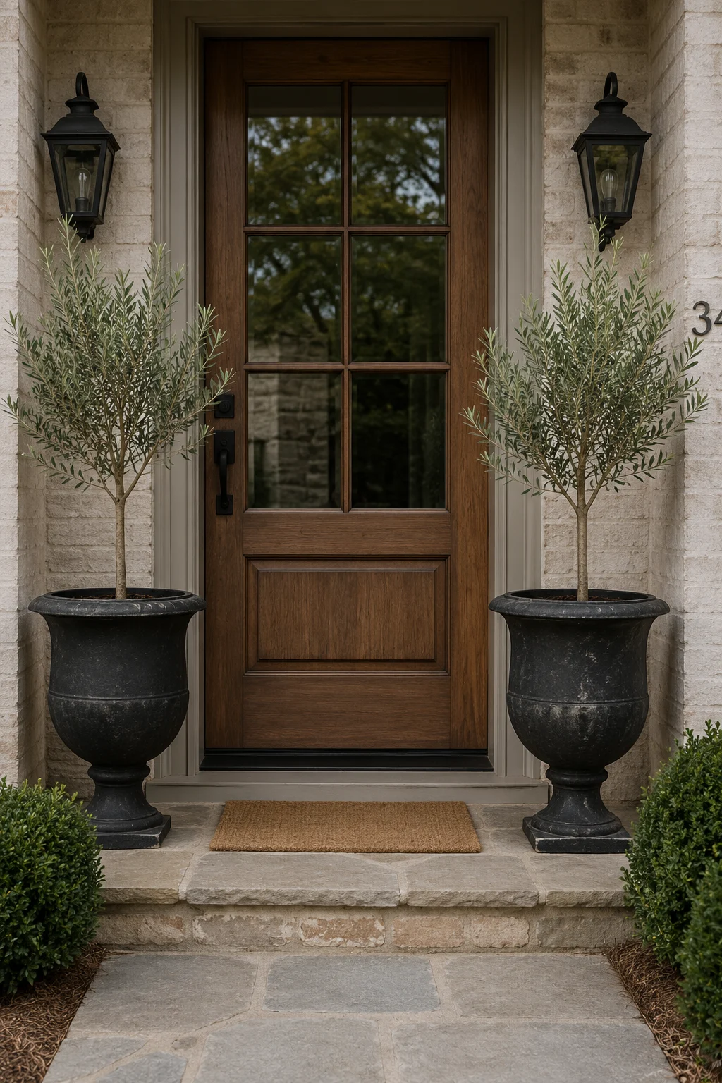 black urn planter pair front door idea.