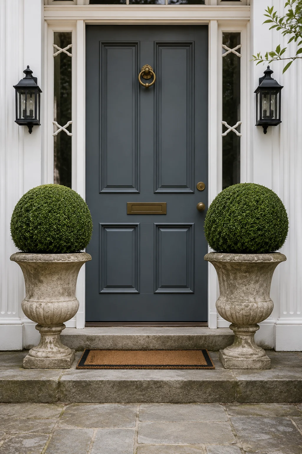 boxwood topiary stone urn front door idea.