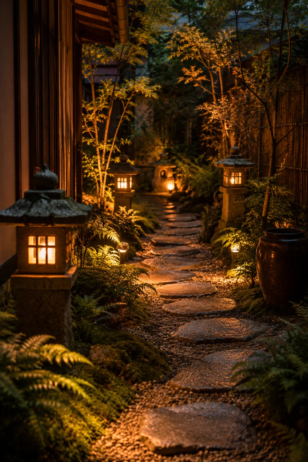 Japanese stone lanterns small patio ground lighting path atmospheric dusk garden