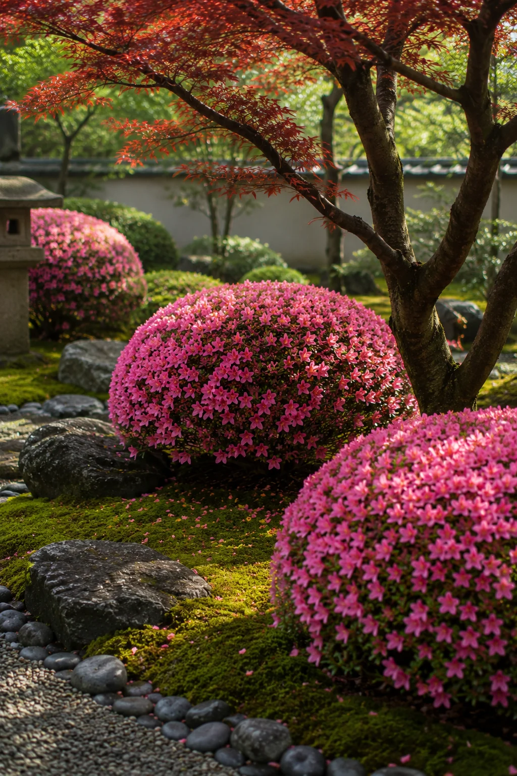 clipped azalea mounds in Japanese garden