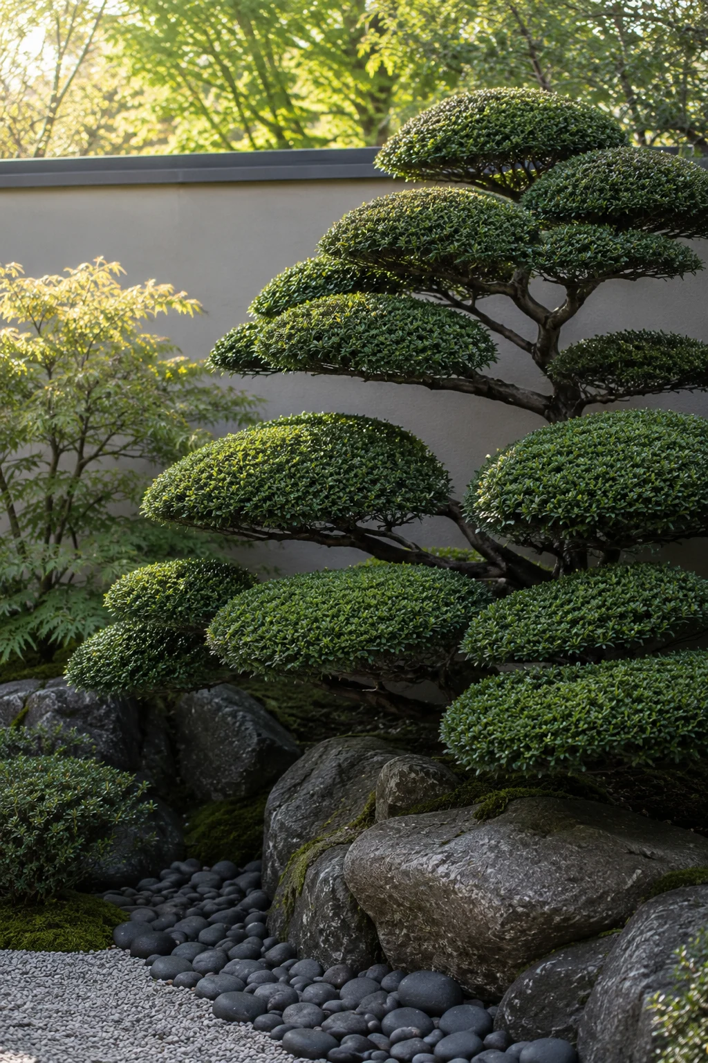 cloud-pruned shrubs in Japanese garden