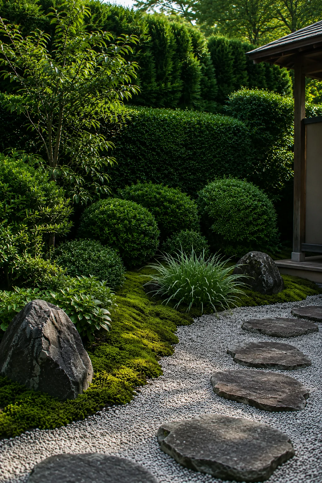 layered hedge privacy screen in Japanese garden