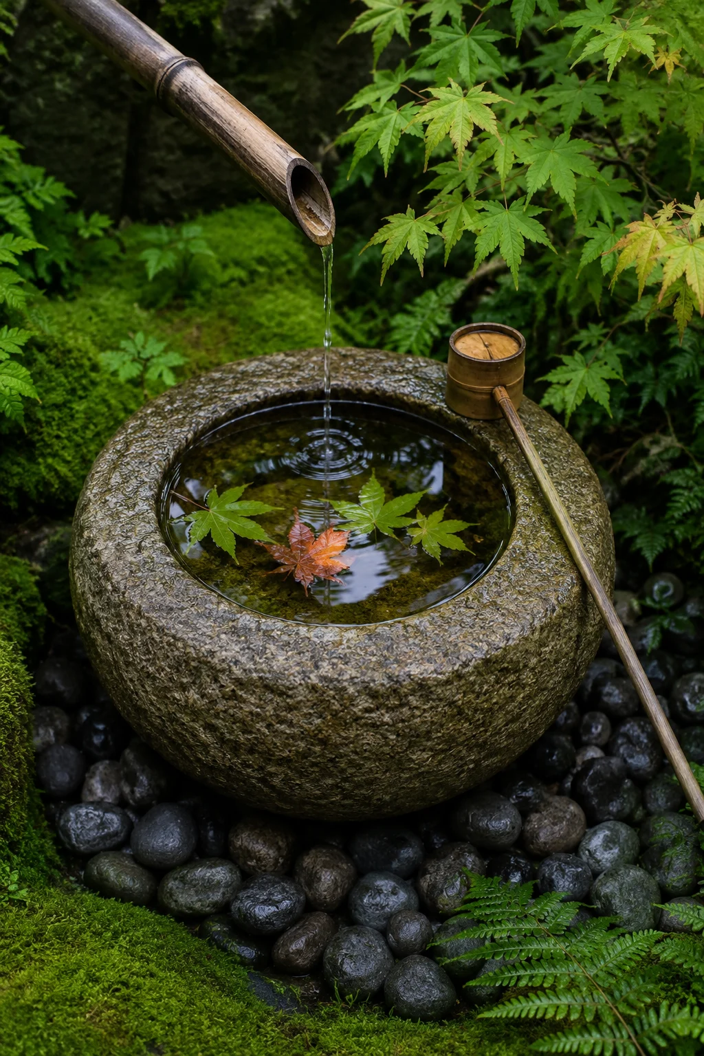 stone water basin surrounded by moss