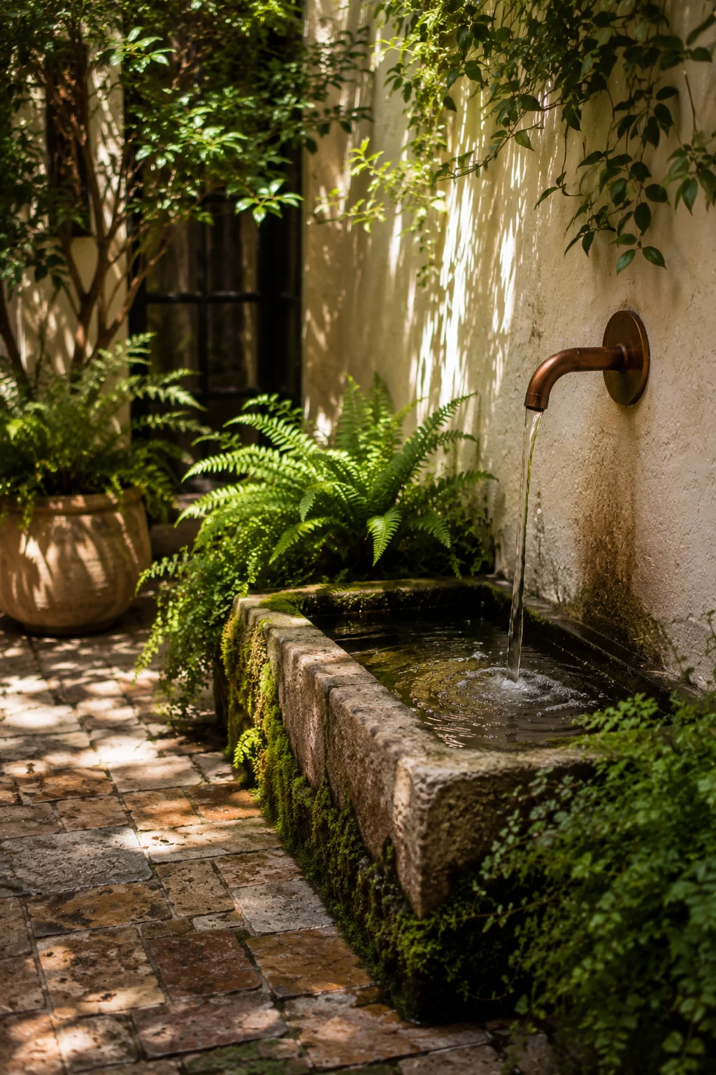 wall mounted water feature small patio stone trough copper spout courtyard peaceful sound