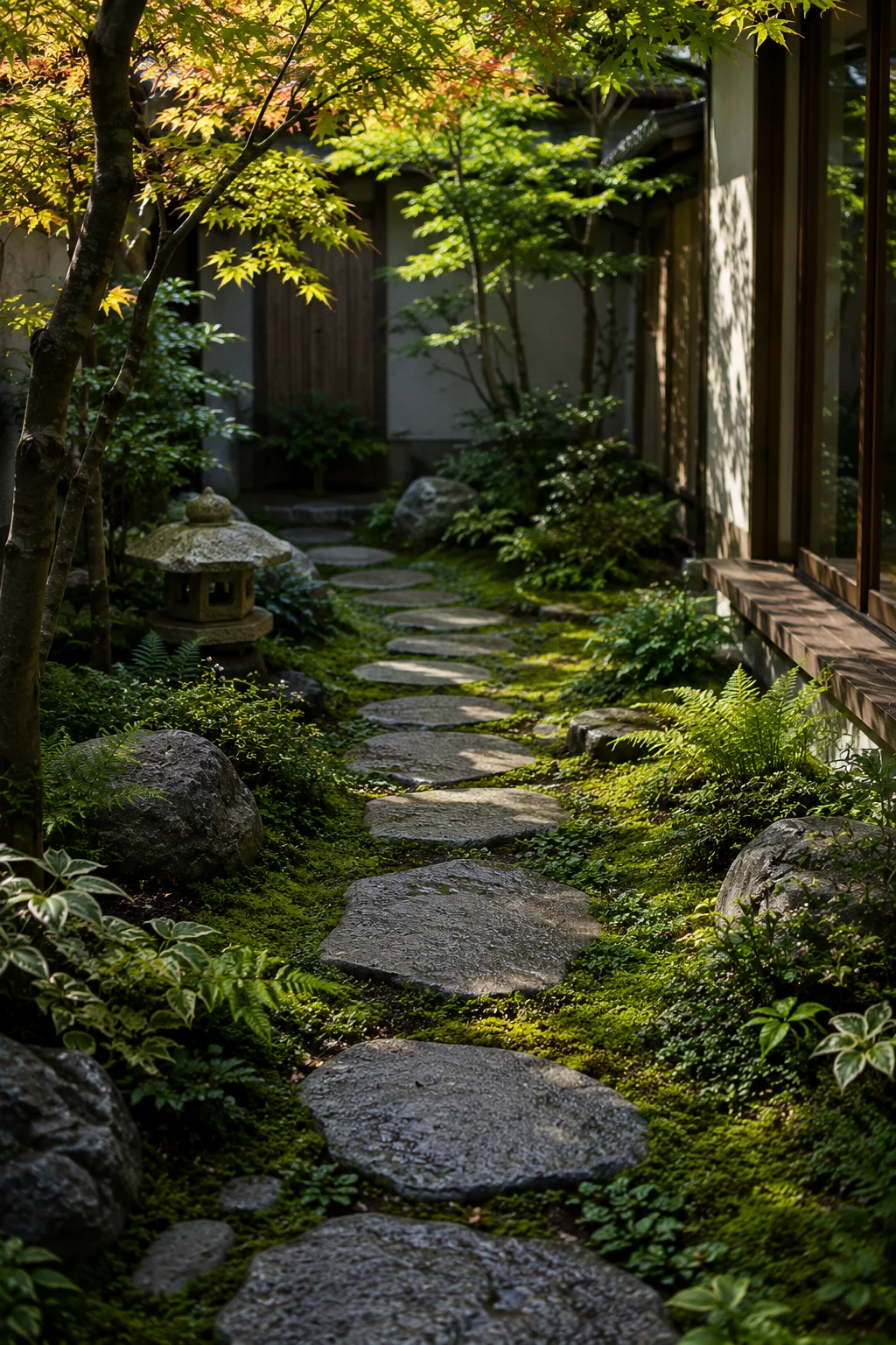 stepping stone path through moss in a Japanese garden