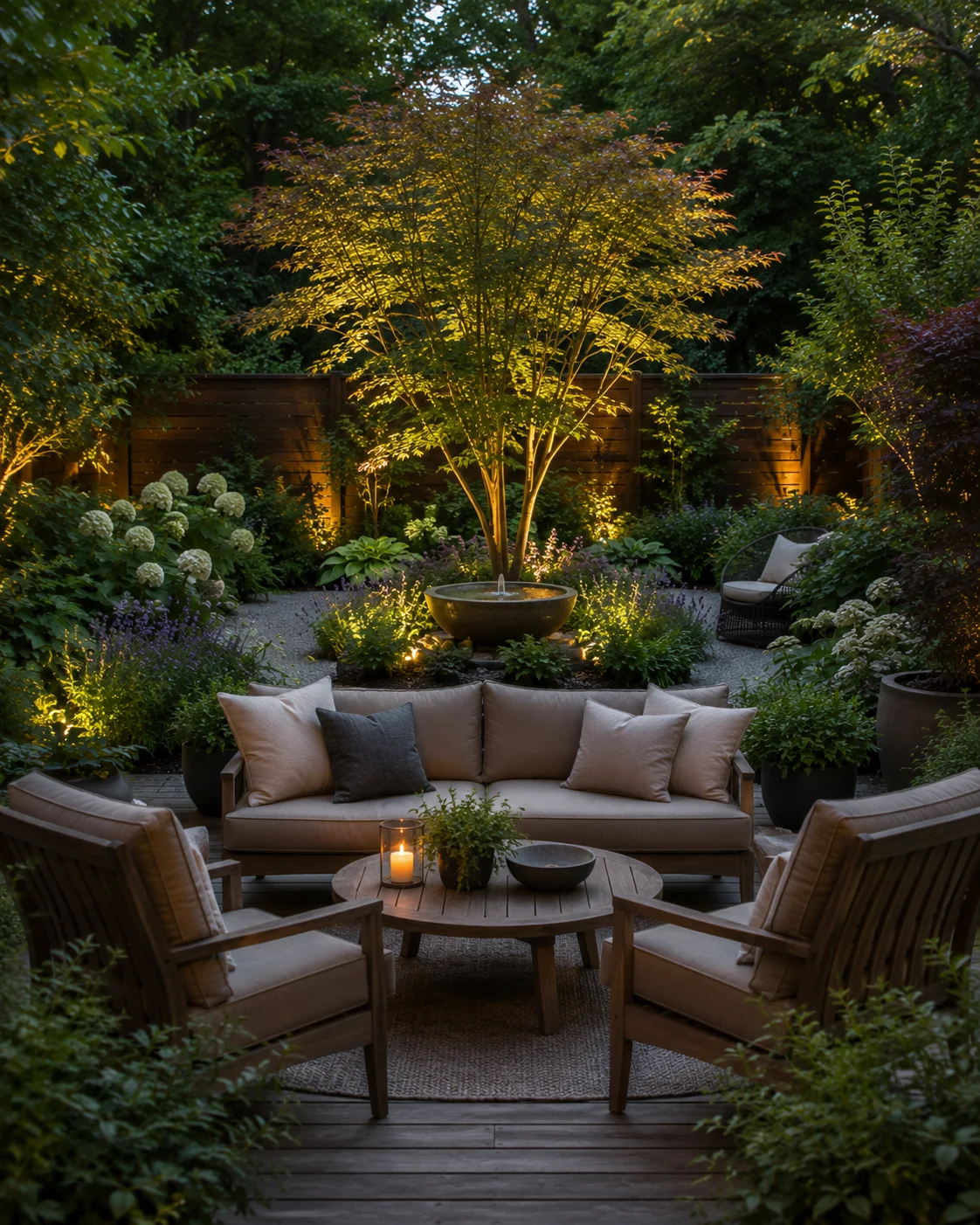 backyard seating area inward facing design privacy orientation focal point specimen tree landscape design