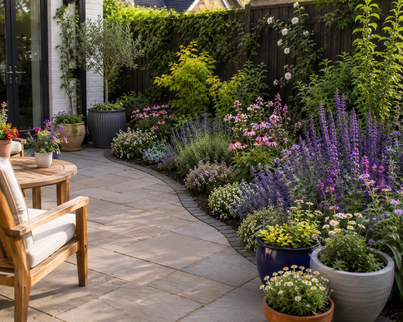 small backyard garden design with pollinator friendly border and containers