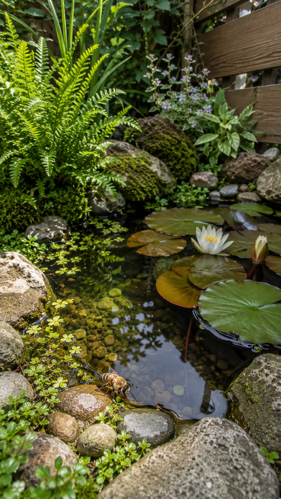 Small corner pollinator pond layout in a tiny backyard.
