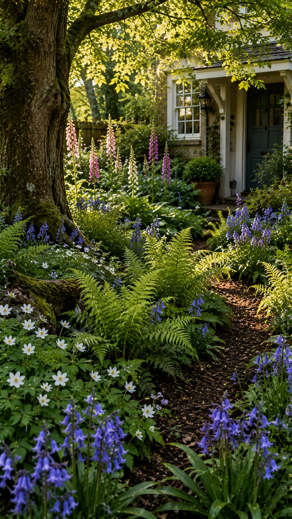 woodland floor front garden ferns bluebells foxgloves shade planting bark mulch landscaping curb appeal