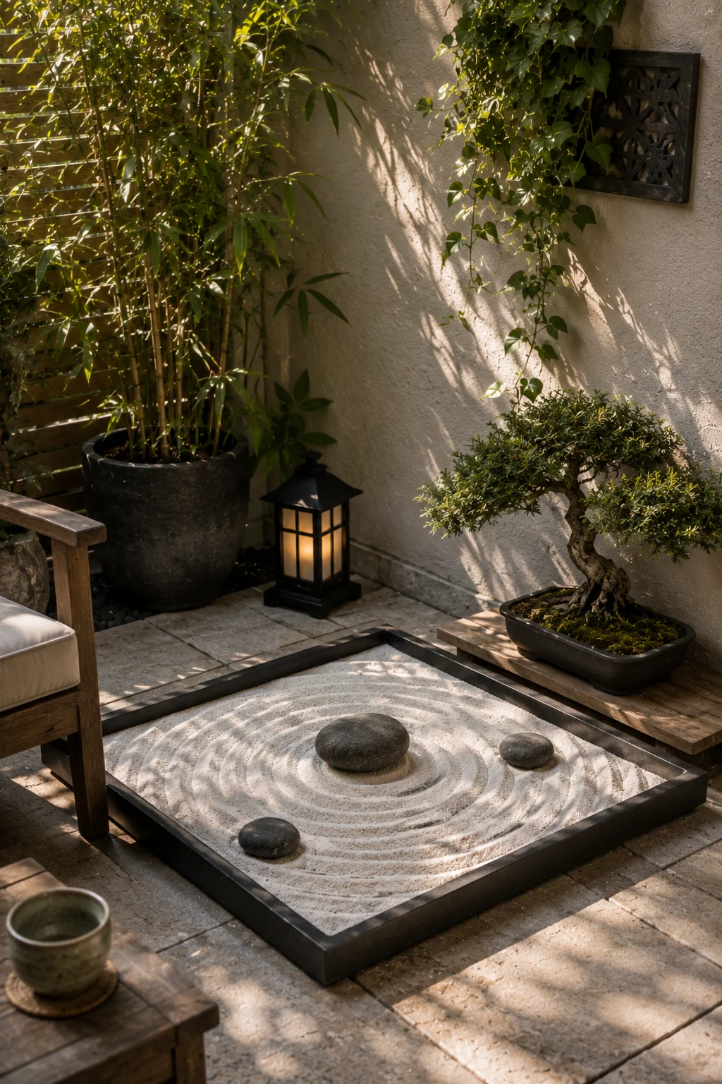 Zen sand garden corner small patio tray stones rake bonsai meditative minimalist calm