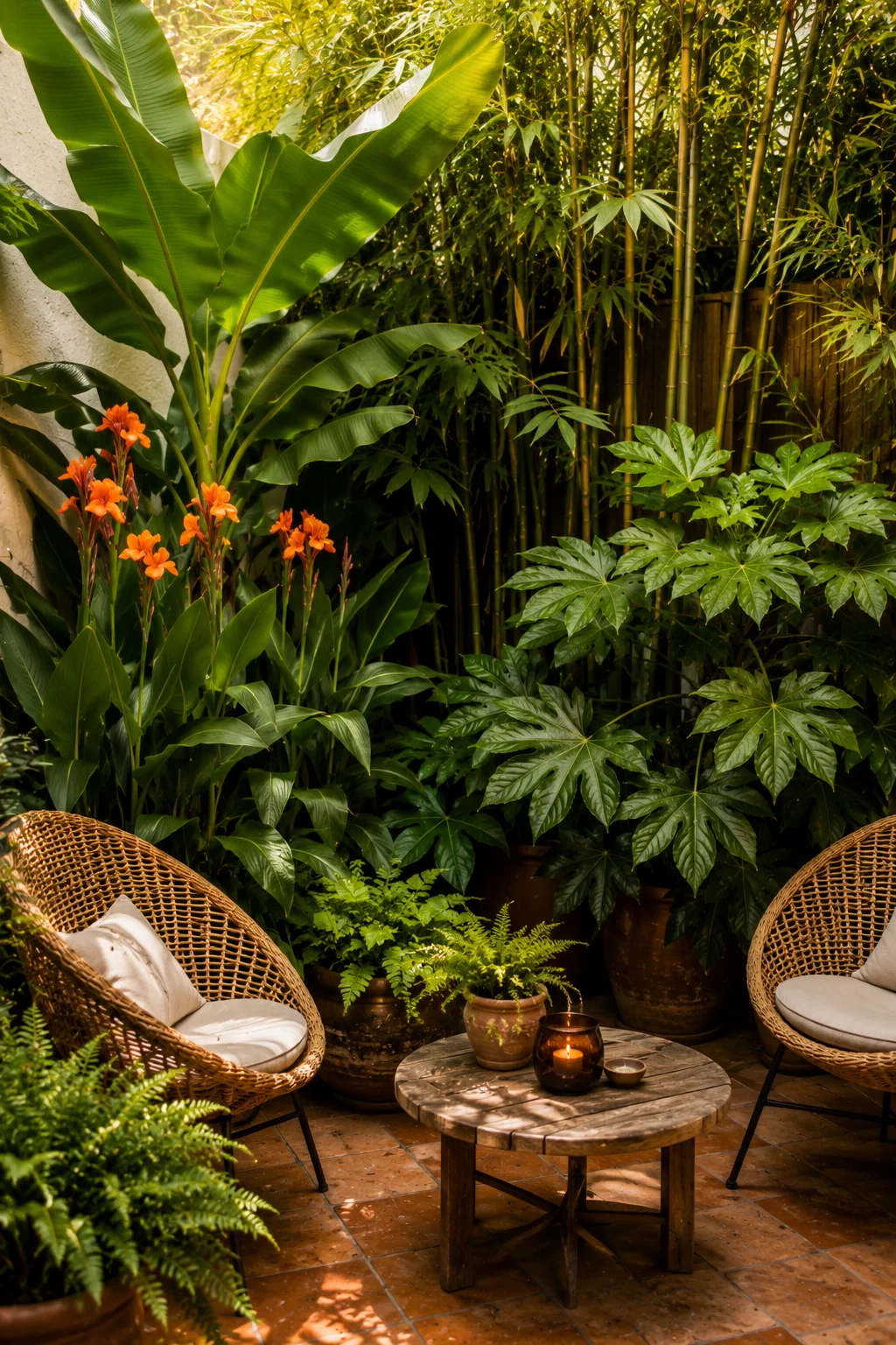 tropical planting corner small patio banana canna fatsia bamboo lush immersive green backdrop