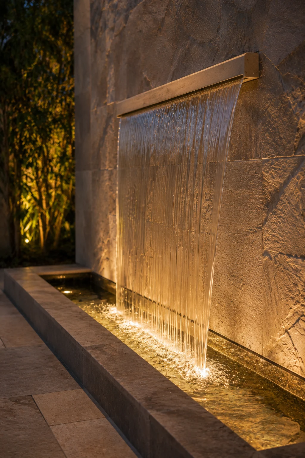 wall mounted sheet waterfall courtyard garden idea