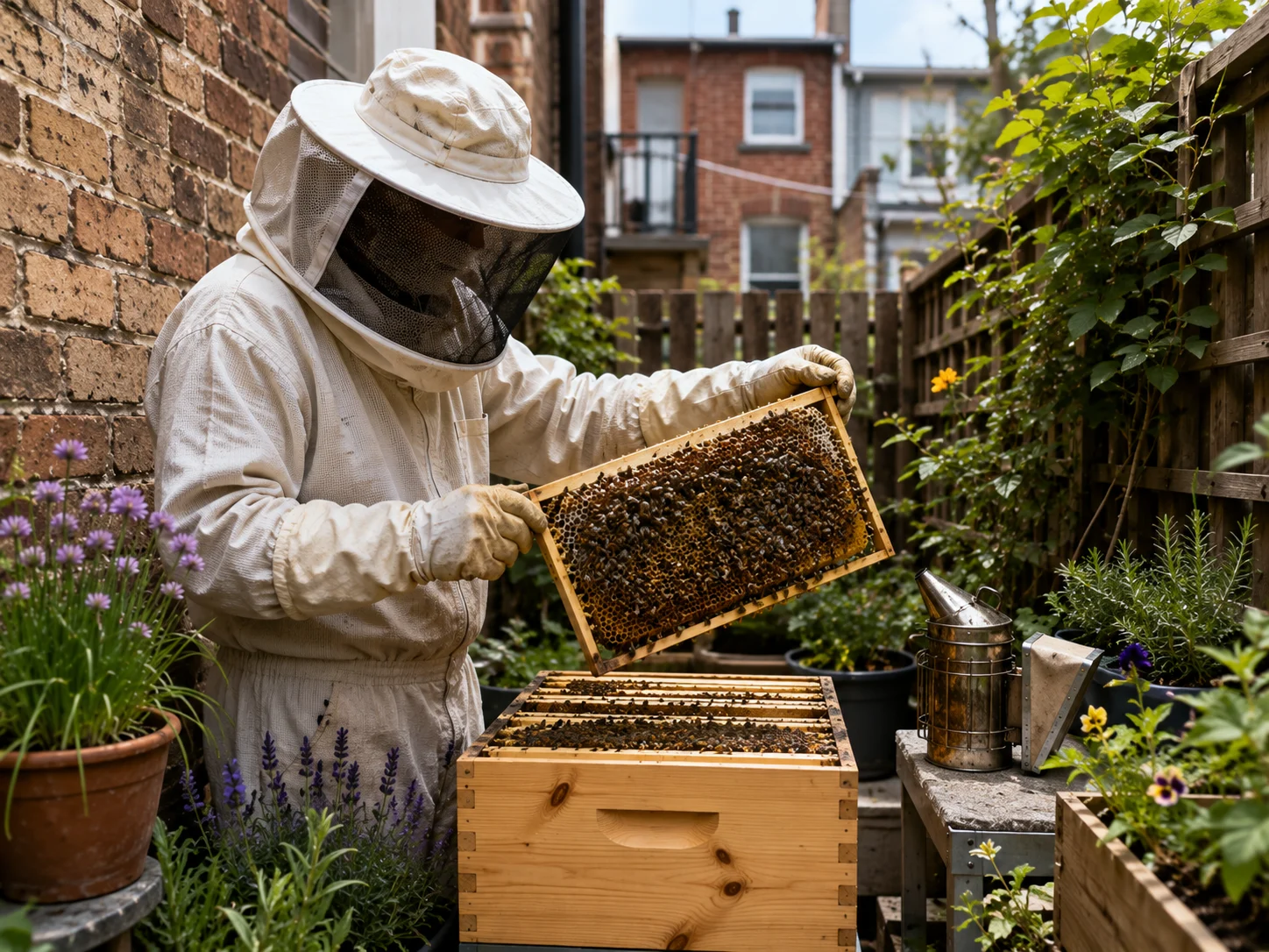 Urban beekeeper inspecting a hive frame in a small residential backyard.