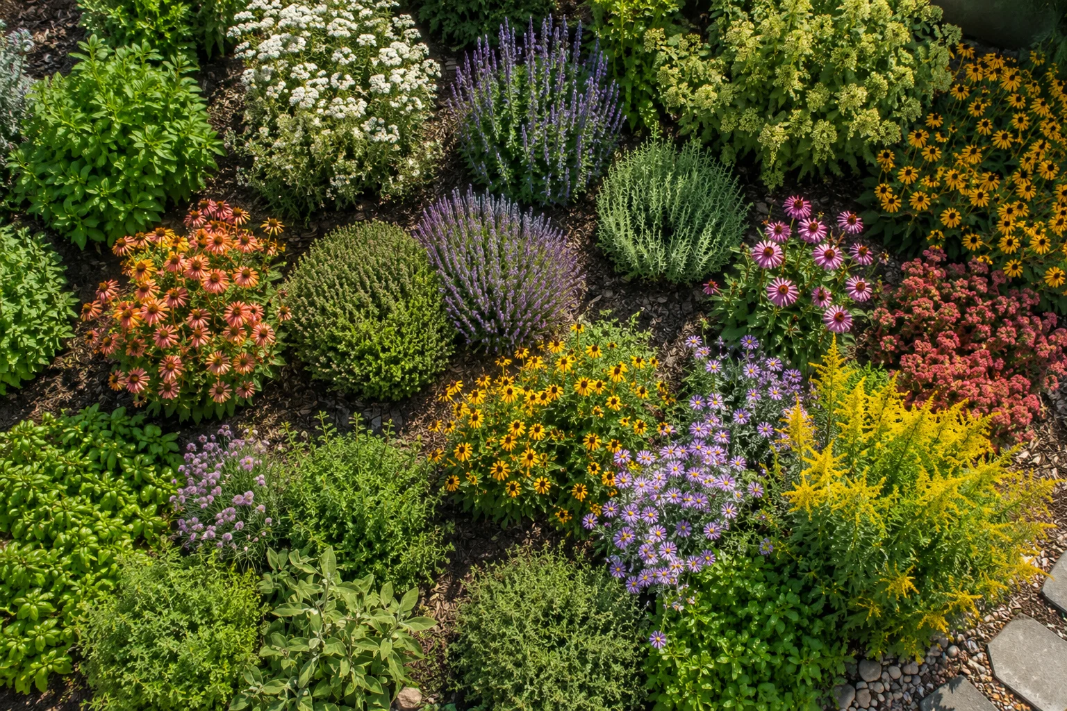 grouped pollinator plants creating a scent map for bees