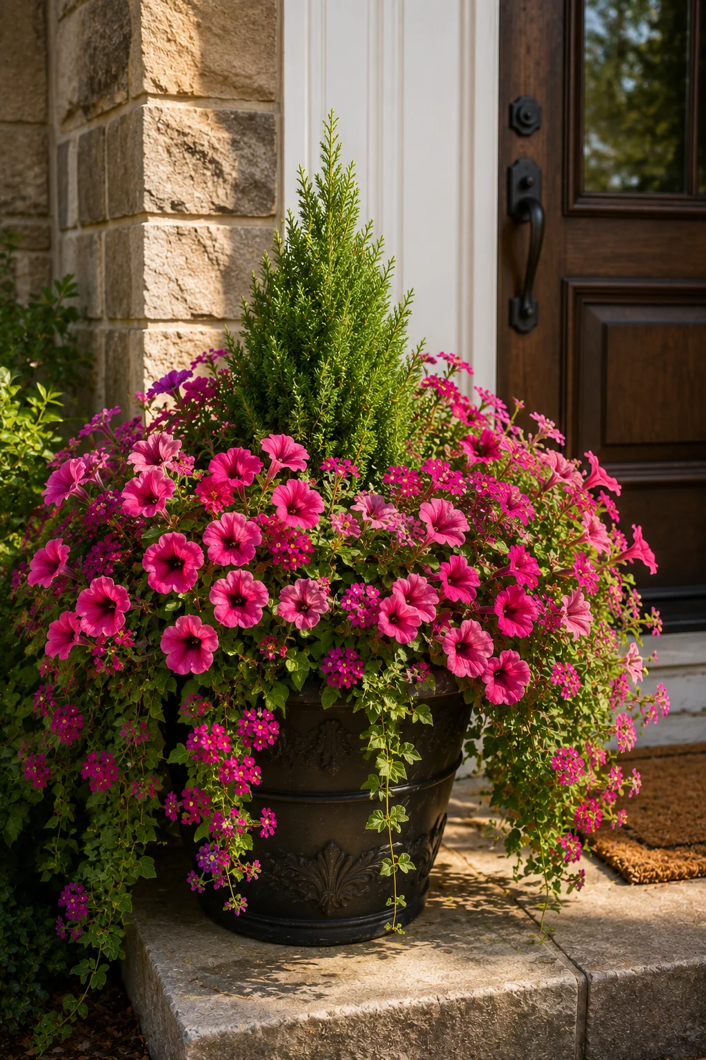 bright summer trailing flower planter front door idea.