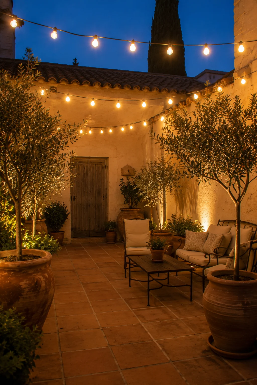 string lights courtyard Mediterranean garden idea