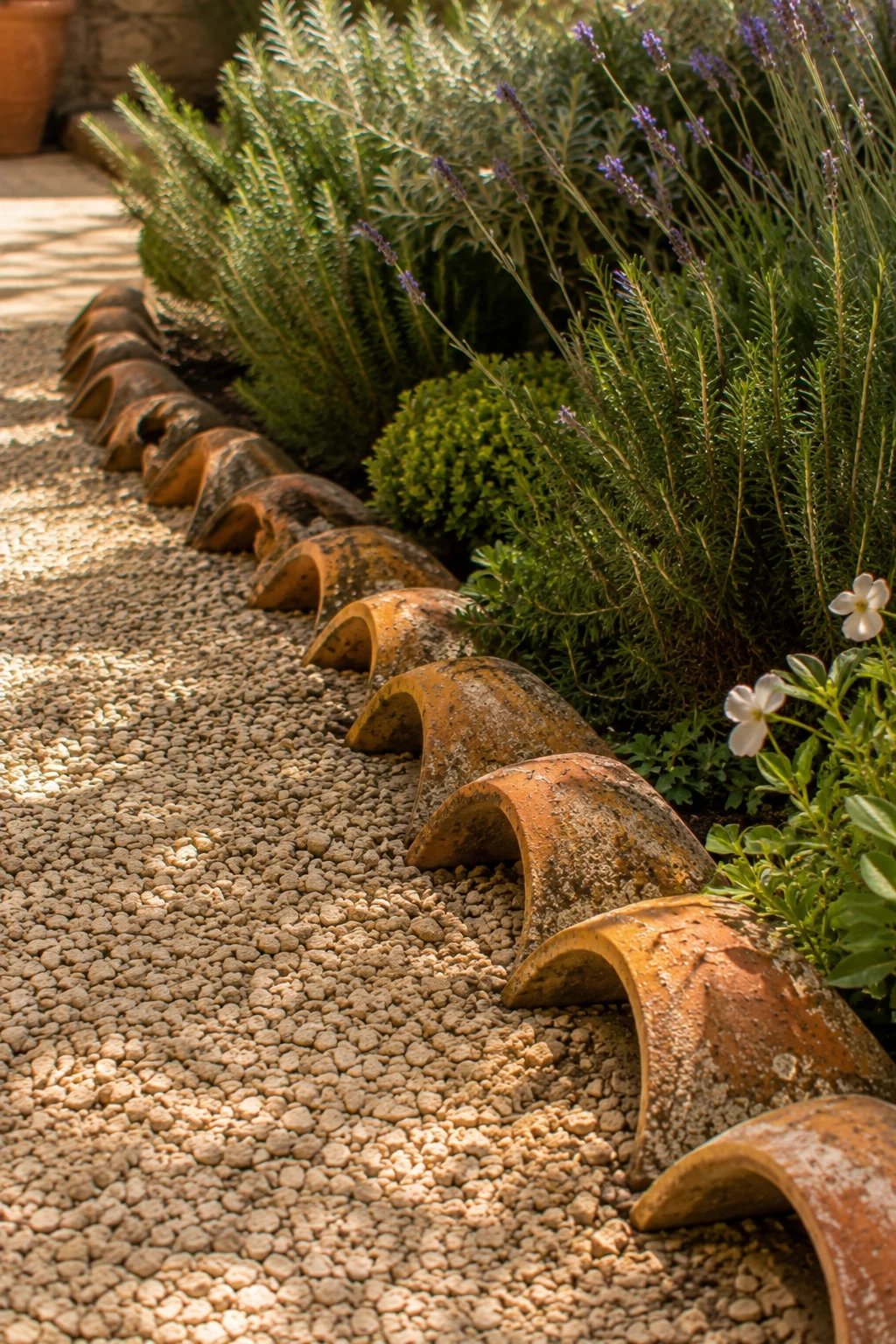 reclaimed roof tile edging Mediterranean garden idea