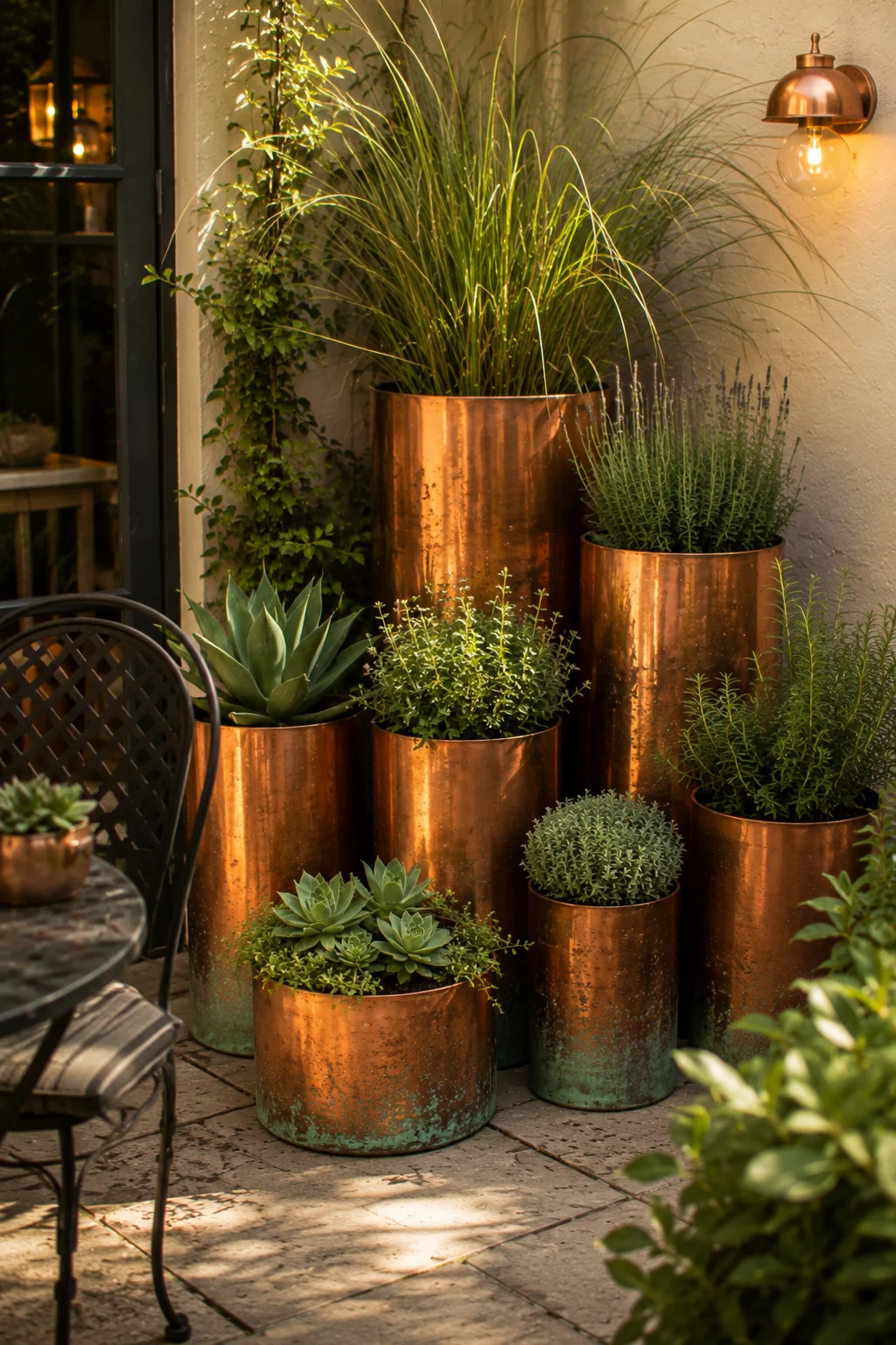 copper pipe planters small patio different heights patina verdigris succulents grasses modern DIY