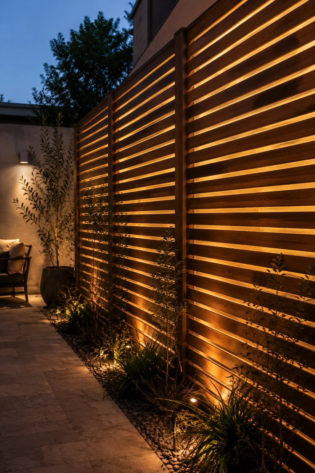 slatted privacy screen courtyard garden idea