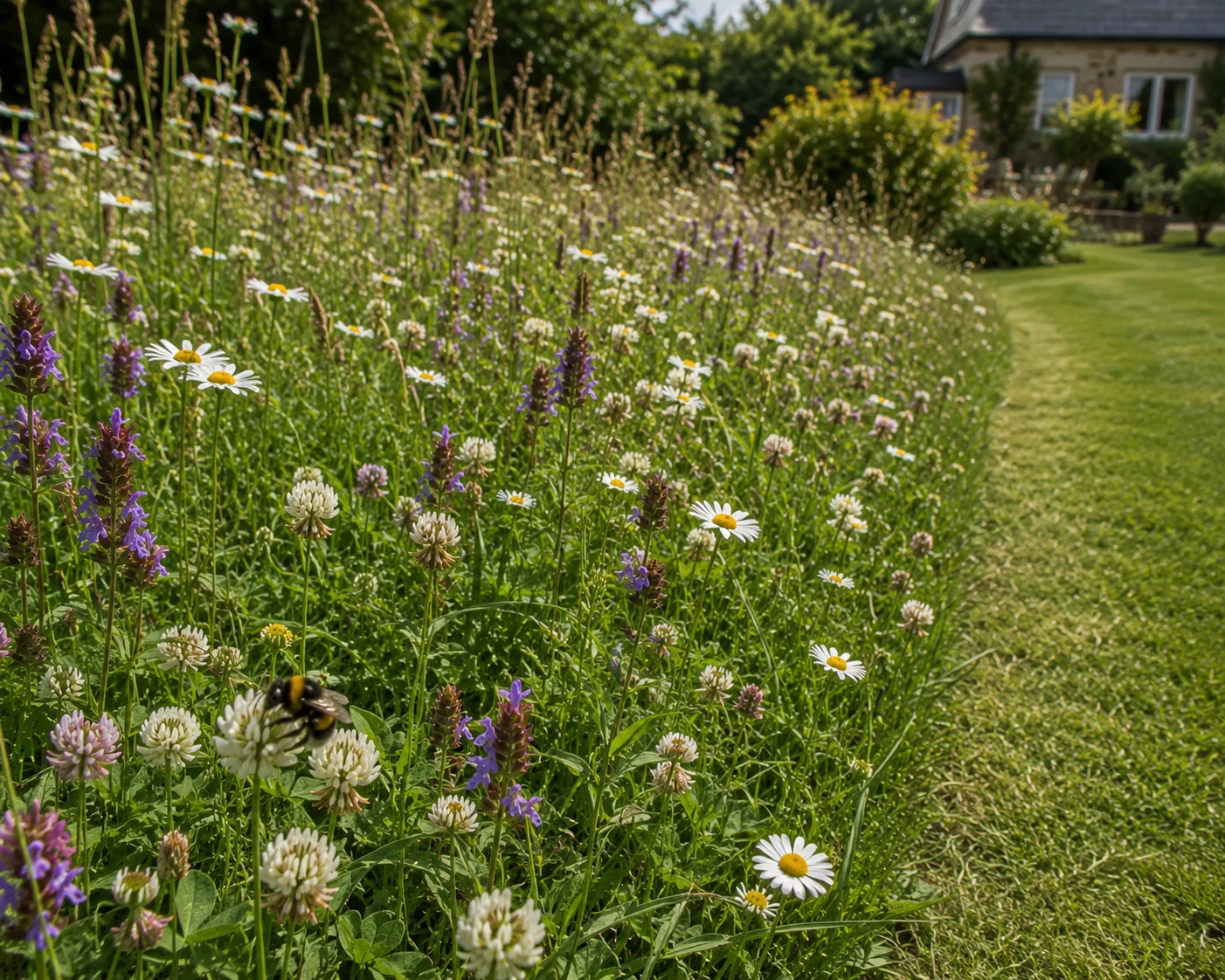 relaxed lawn bee garden design unmown zone white clover self-heal daisies bumblebee mown edge