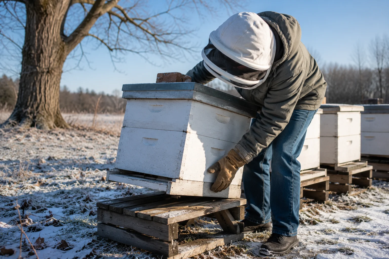 heft test winter beehive weight check stores honey Langstroth winter beekeeping external inspection
