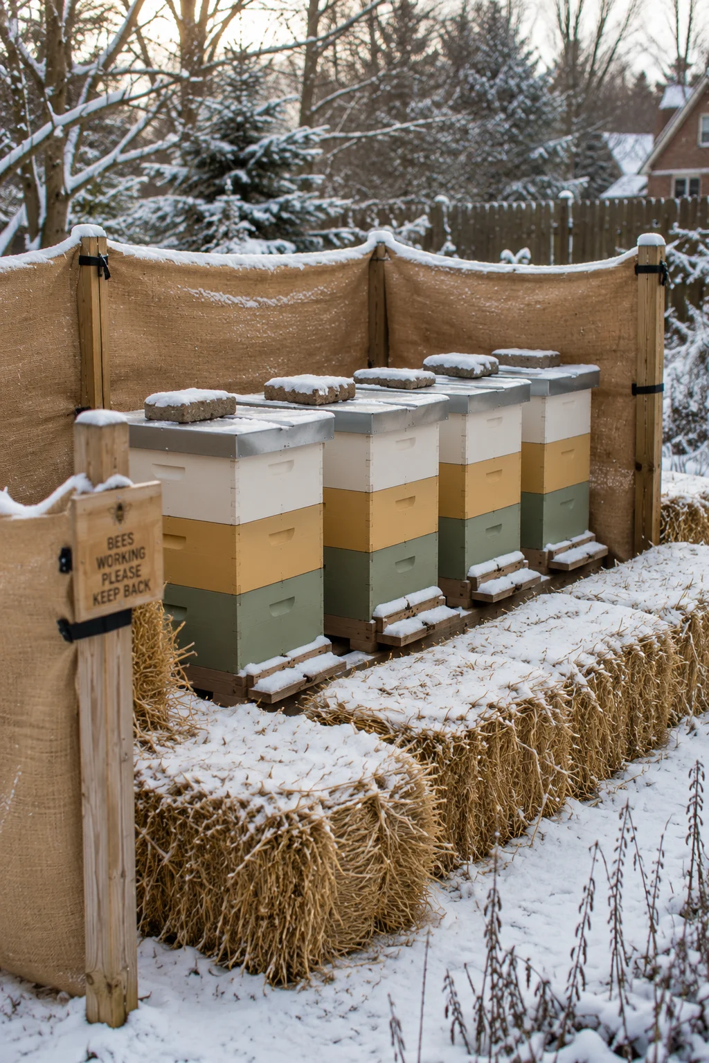 winter wind block setup for backyard beehives