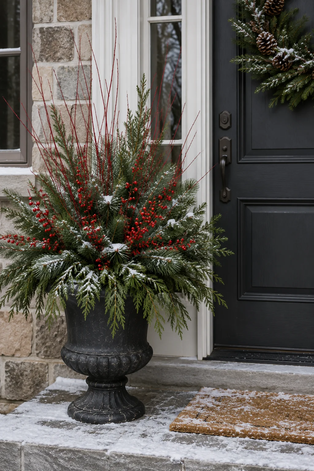 winter evergreen berry planter front door idea.