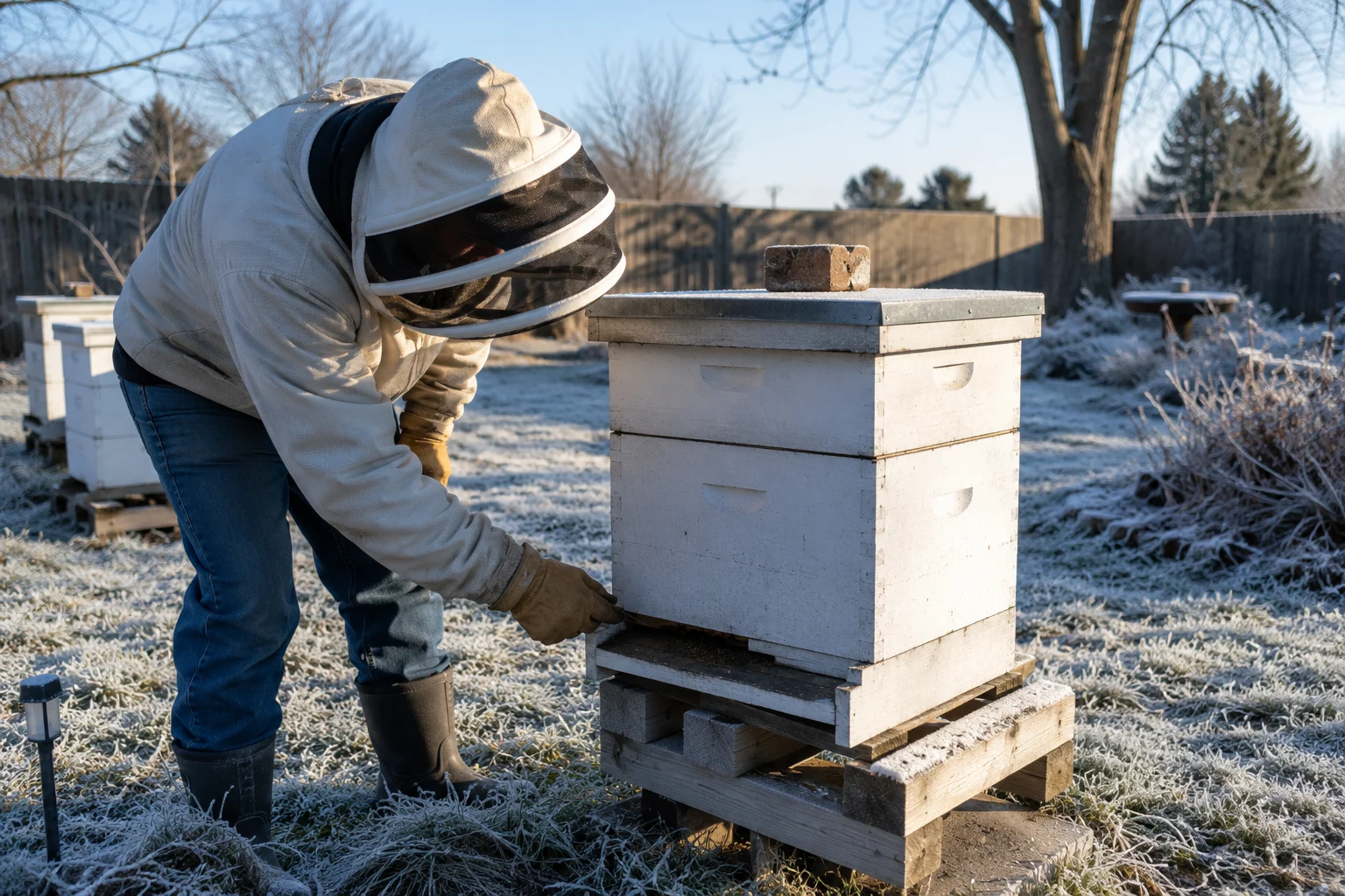 winter hive checks without opening Langstroth beehive cold day external inspection frost entrance