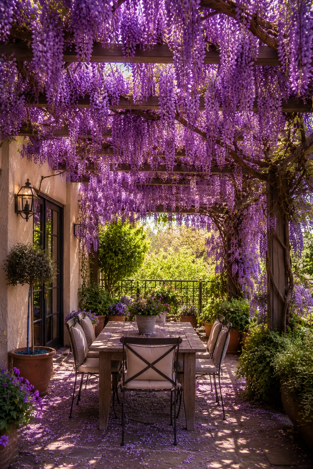 pergola wisteria small patio climbing plants outdoor room purple bloom dining table romantic