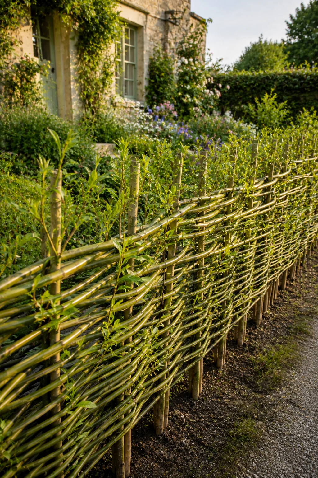 living willow fence backyard privacy woven rods structure cottage garden natural screening