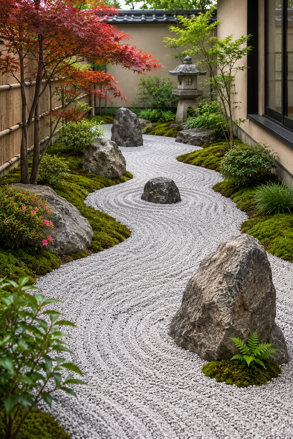 stepping stone path through moss in a Japanese garden