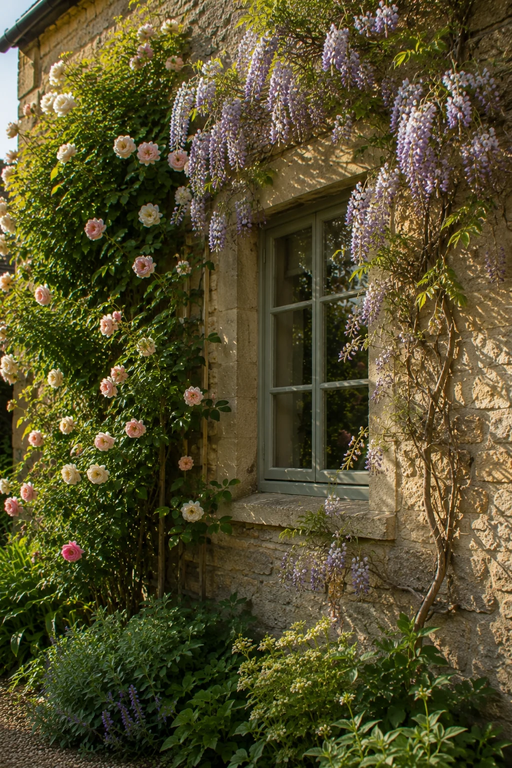 climbing plants on cottage wall garden idea