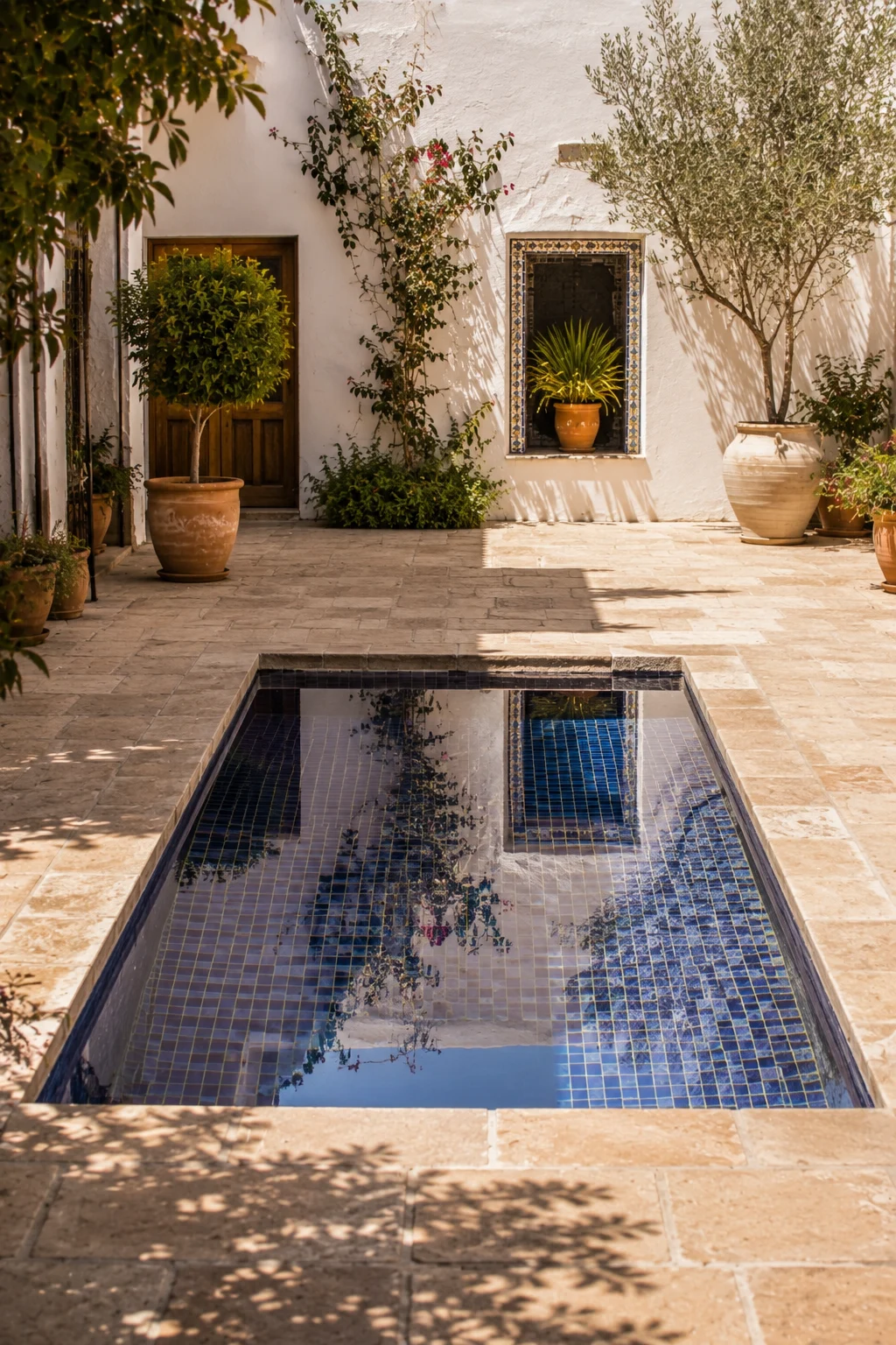 blue tile reflecting pool Mediterranean garden idea
