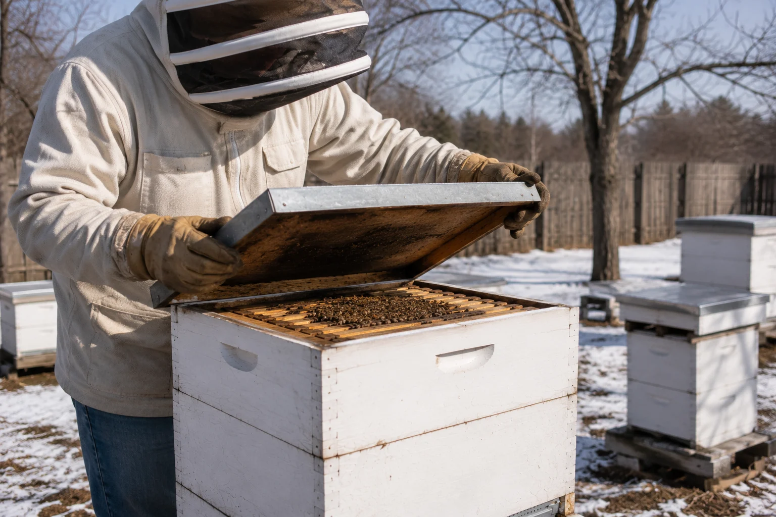winter hive inspection mild day inner cover top box cluster visible brief check above 50 degrees correct method