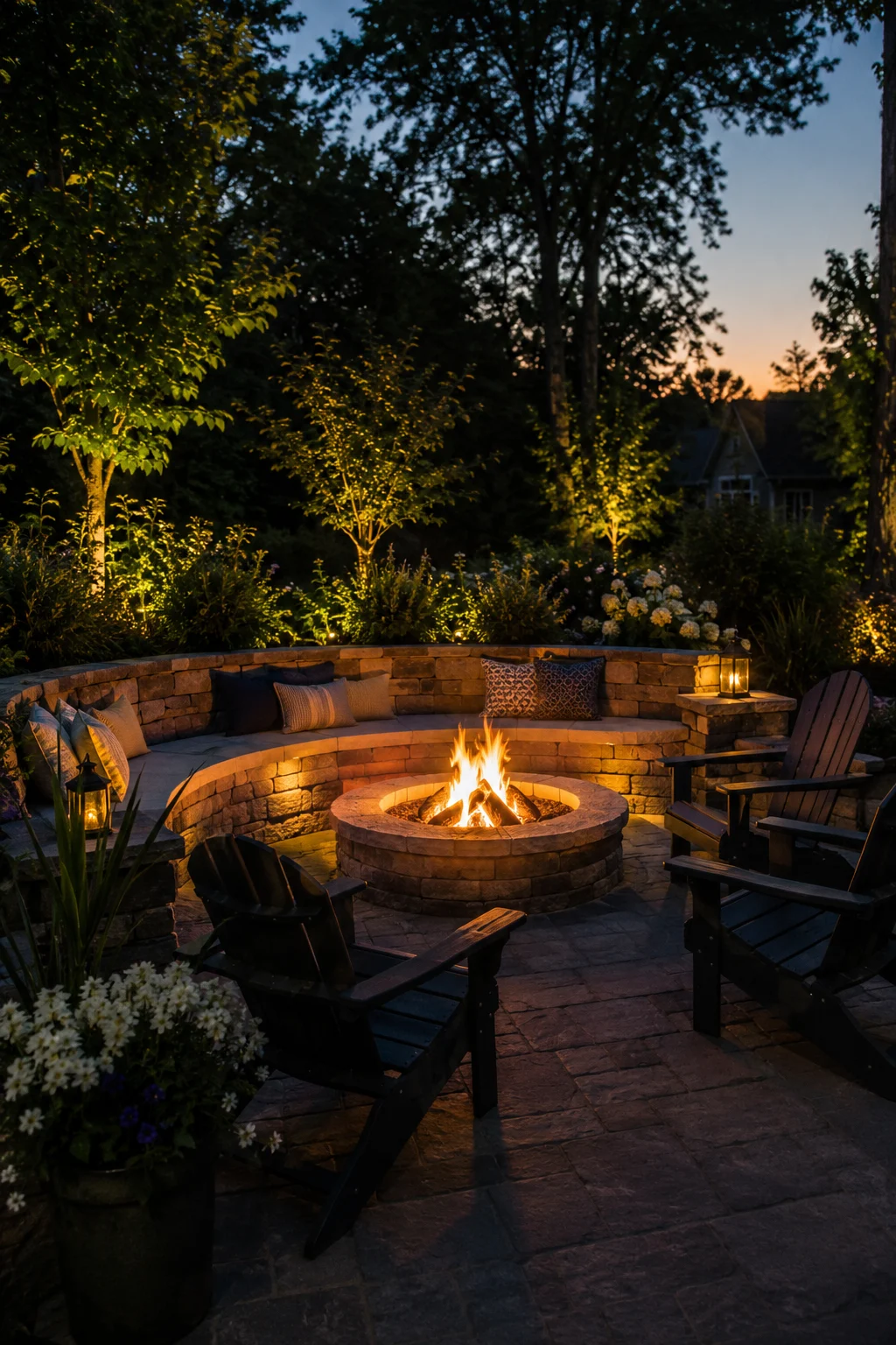 fire pit seating area with built-in bench and chairs
