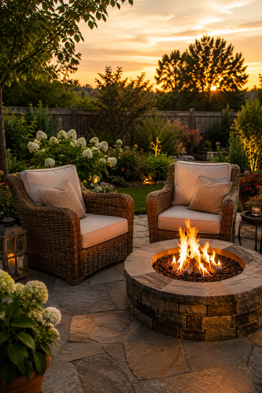 woven rattan chairs fire pit seating idea